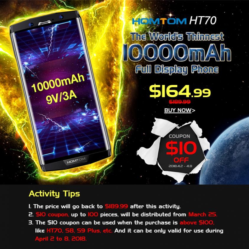 Супер-скидка на покупку полноэкранного телефона HOMTOM HT70 (10 000mAh)!
